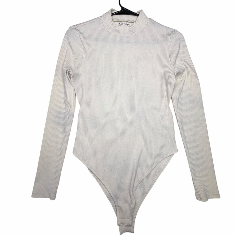 Reformation White Ribbed Open back Long Sleeve Bodysuit Minimalist size large